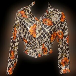 1970s Vintage Avalon Metallic Psychedelic Shirt Novelty Print Sunflower Gold Lam